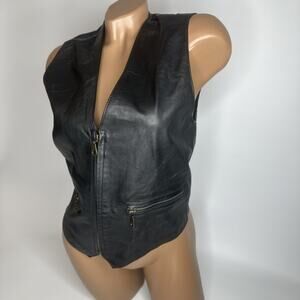 Vintage Express Black Leather Vest XS Zip Biker Moto Y2K Rockabilly Grunge Korea